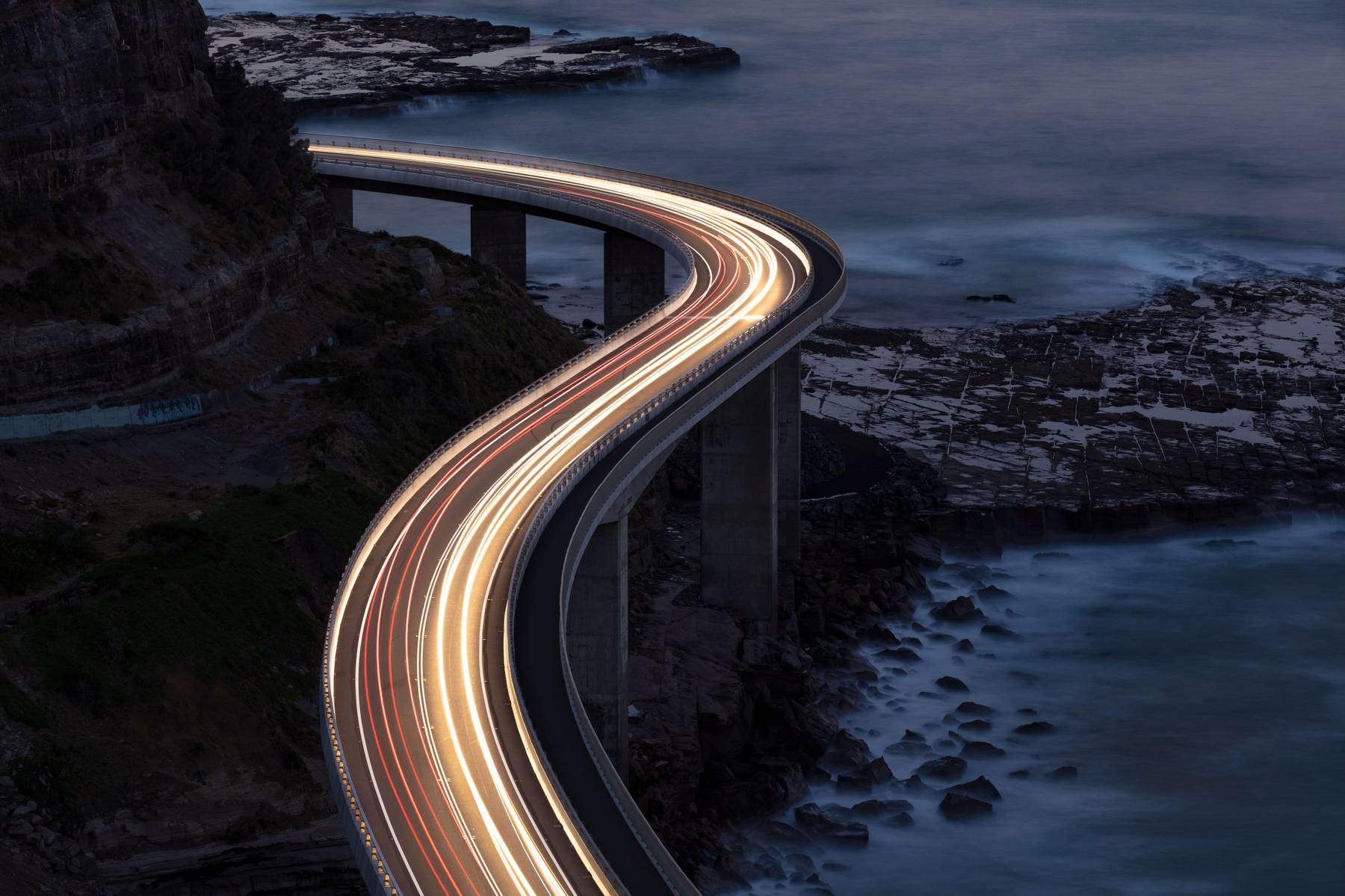 Car light trails on Sea Cliff Bridge, Australia